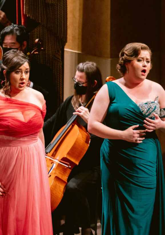 Sopranos Mikayla Sager (left) and Esther Tonea sing a duet from Bellini’s “Bianca e Fernando” in the San Francisco Opera’s showcase concert “The Future Is Now.” Photo: Kristen Loken/San Francisco Opera
